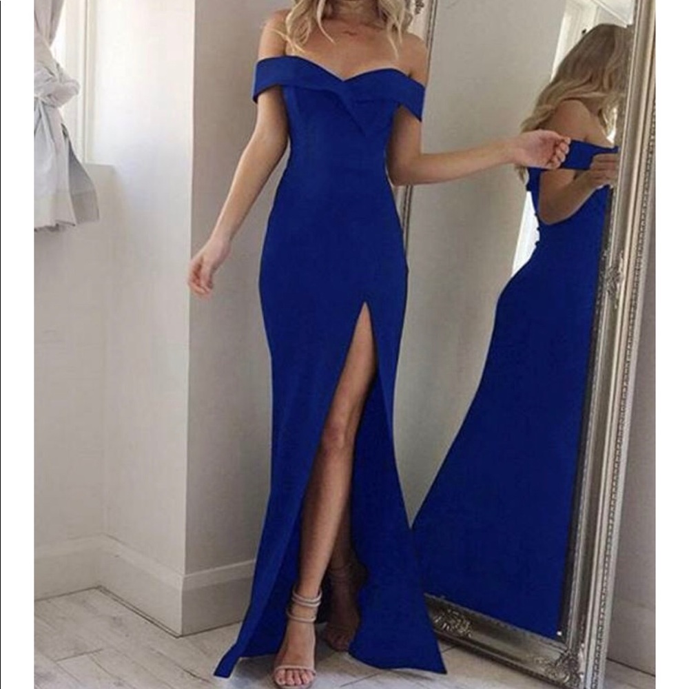 Blue off the-shoulder split side maxi dress.